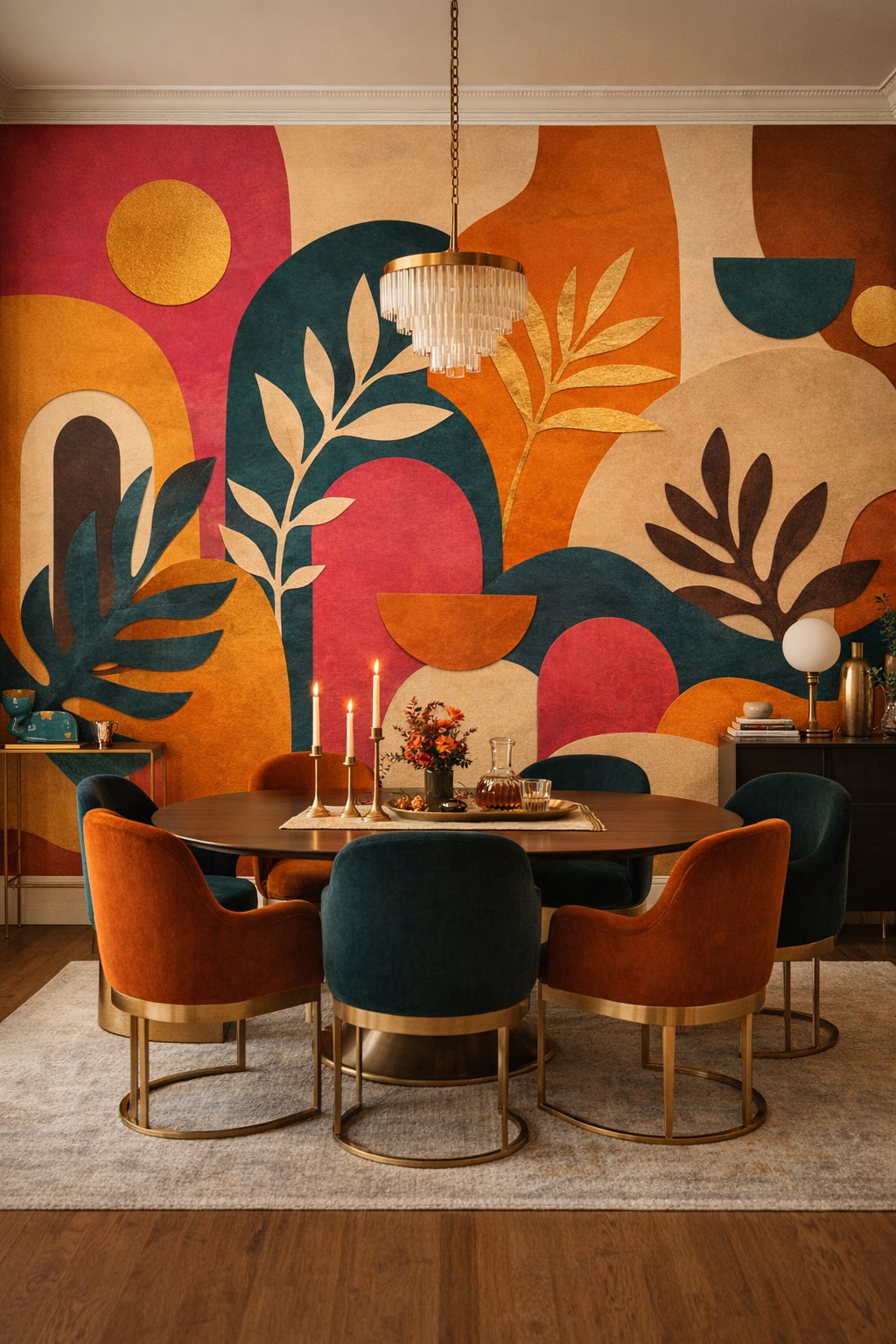 Art Deco emerald abstract botanical featuring arch shapes - Wall Mural Peel and Stick Wallpaper for Art Deco Formal Dining Room.