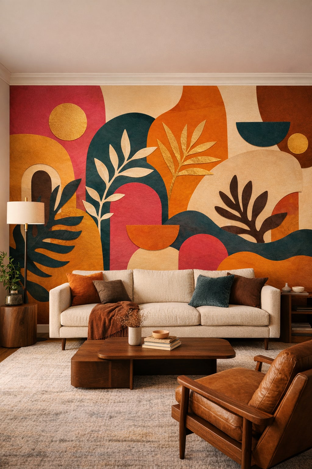 Mustard Mid-century Modern abstract botanical featuring arch shapes - Wall Mural Peel and Stick Wallpaper for Mid-century Modern Living Room.