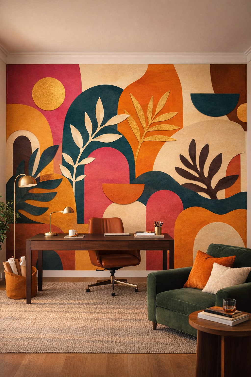High-contrast color-blocking abstract botanical featuring arch shapes - Wall Mural Peel and Stick Wallpaper for Color Blocking Executive Home Office.