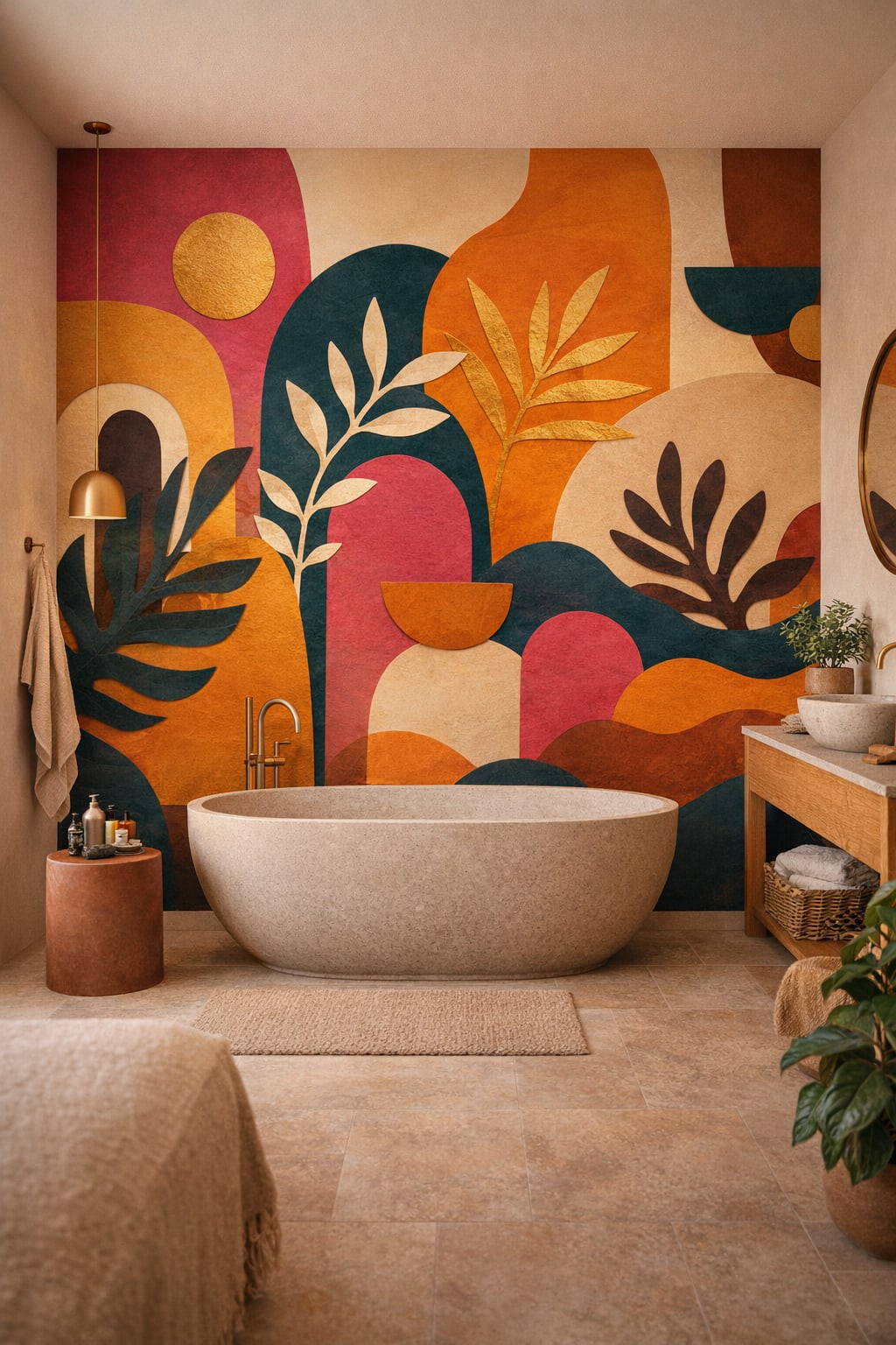 White sand abstract botanical featuring arch shapes - Wall Mural Peel and Stick Wallpaper for Mediterranean Modern Luxury Bathroom.