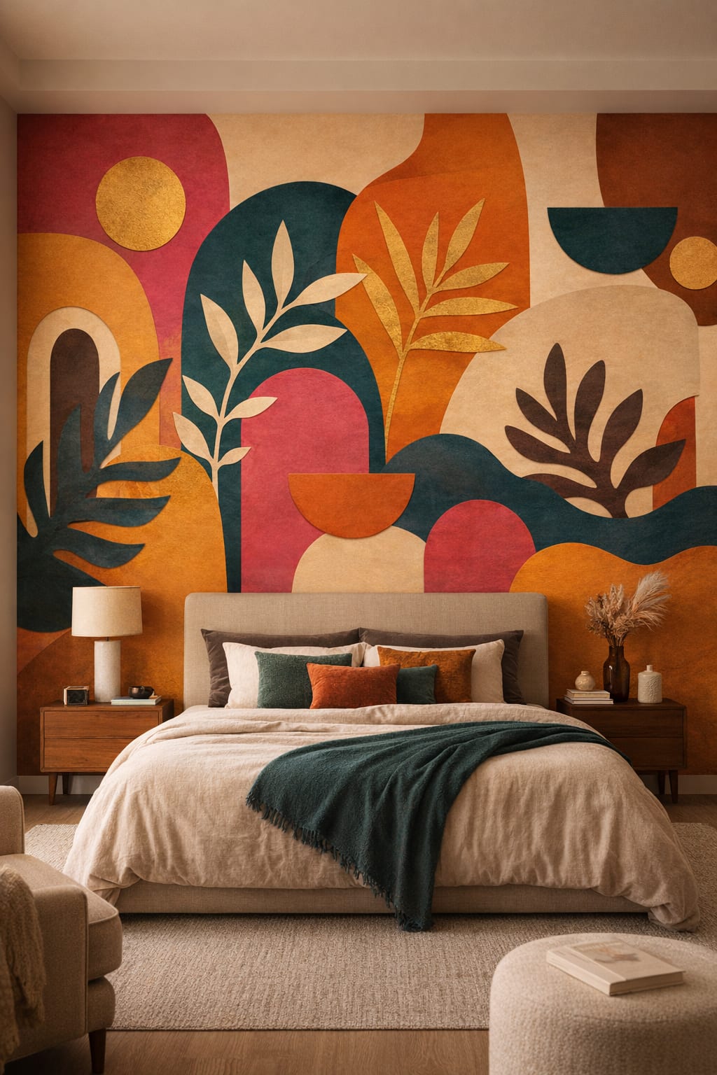 Cream olive abstract botanical featuring arch shapes - Wall Mural Peel and Stick Wallpaper for Organic Modern Master Bedroom.