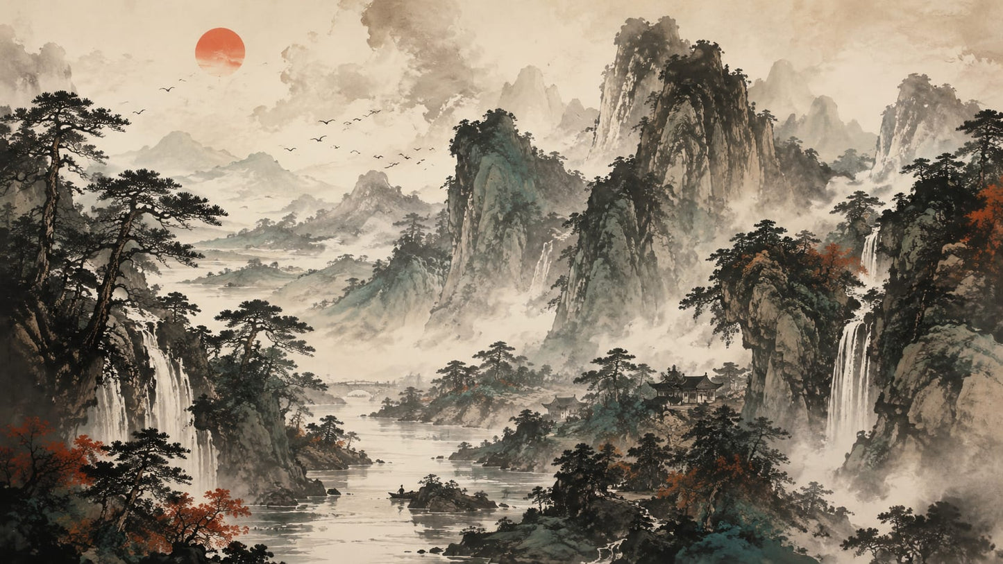 Atmospheric Painterly Beige misty mountain landscape featuring waterfalls and pine trees - Wall Mural & Peel and Stick Wallpaper for Painterly Interiors and Premium Home Styling