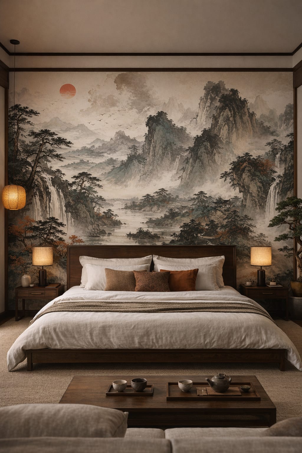 Traditional Japanese neutral misty mountain landscape featuring waterfalls - Wall Mural Peel and Stick Wallpaper for Traditional Japanese Master Bedroom.