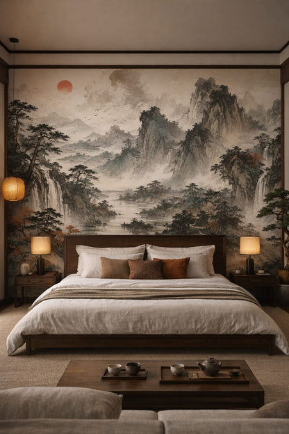 Traditional Japanese neutral misty mountain landscape featuring waterfalls - Wall Mural Peel and Stick Wallpaper for Traditional Japanese Master Bedroom.