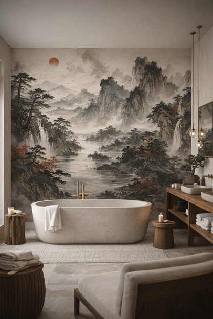 Zen soft-neutral misty mountain landscape featuring waterfalls - Wall Mural Peel and Stick Wallpaper for Zen Luxury Bathroom.