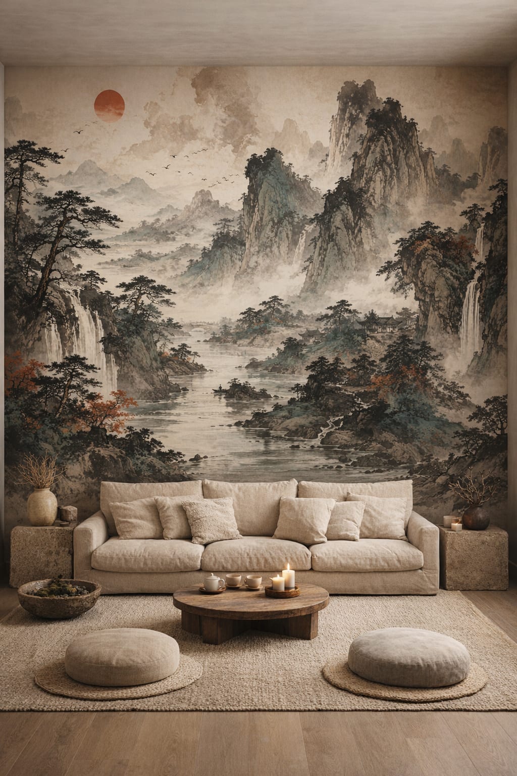 Wabi-sabi muted-earth misty mountain landscape featuring waterfalls - Wall Mural Peel and Stick Wallpaper for Wabi-sabi Meditation Room.