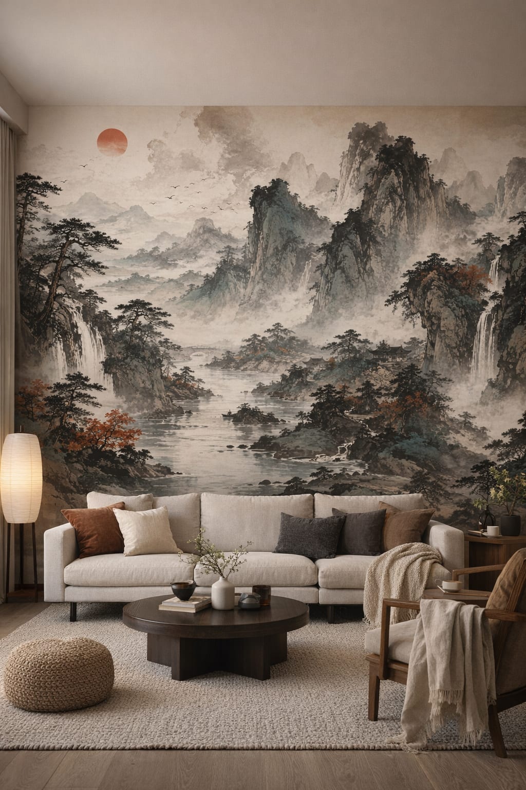 Sand Japandi misty mountain landscape featuring waterfalls - Wall Mural Peel and Stick Wallpaper for Japandi Living Room.