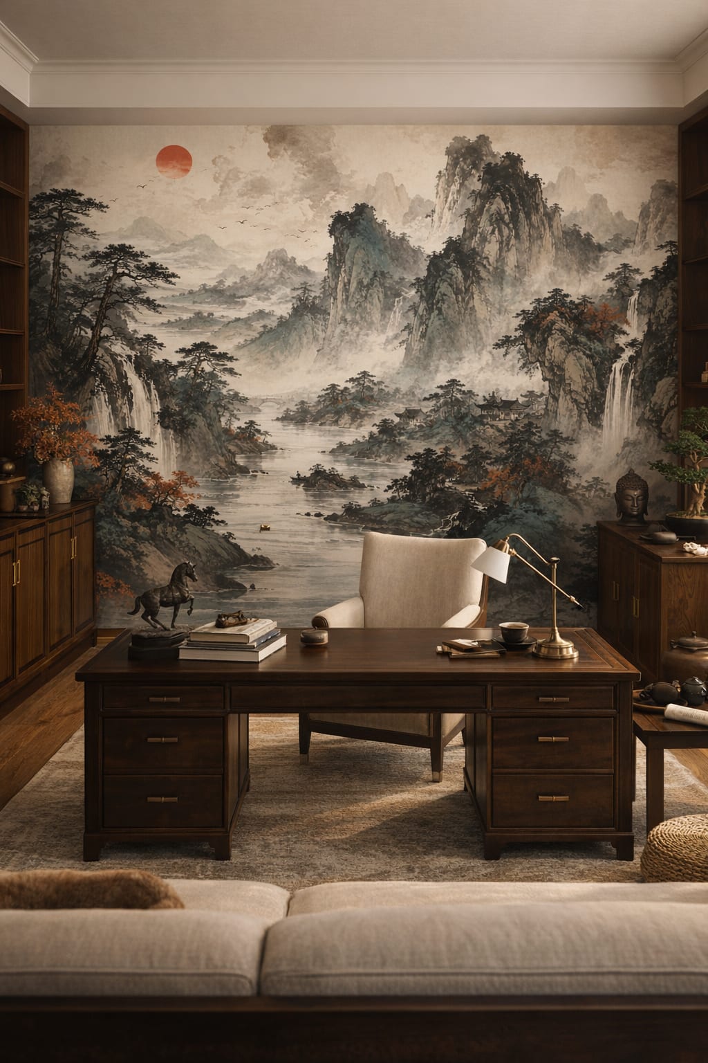 Asian Fusion neutrals misty mountain landscape featuring waterfalls - Wall Mural Peel and Stick Wallpaper for Asian Fusion Executive Home Office.