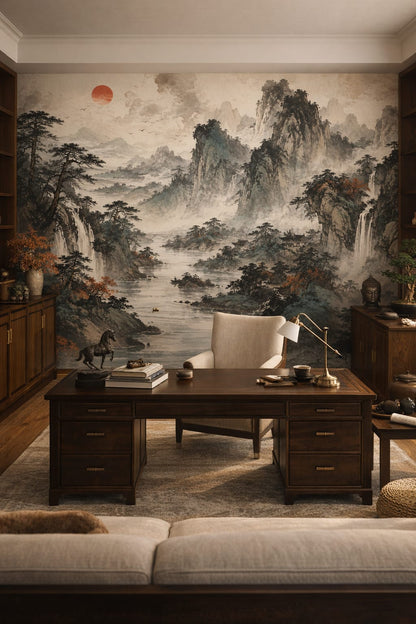 Asian Fusion neutrals misty mountain landscape featuring waterfalls - Wall Mural Peel and Stick Wallpaper for Asian Fusion Executive Home Office.