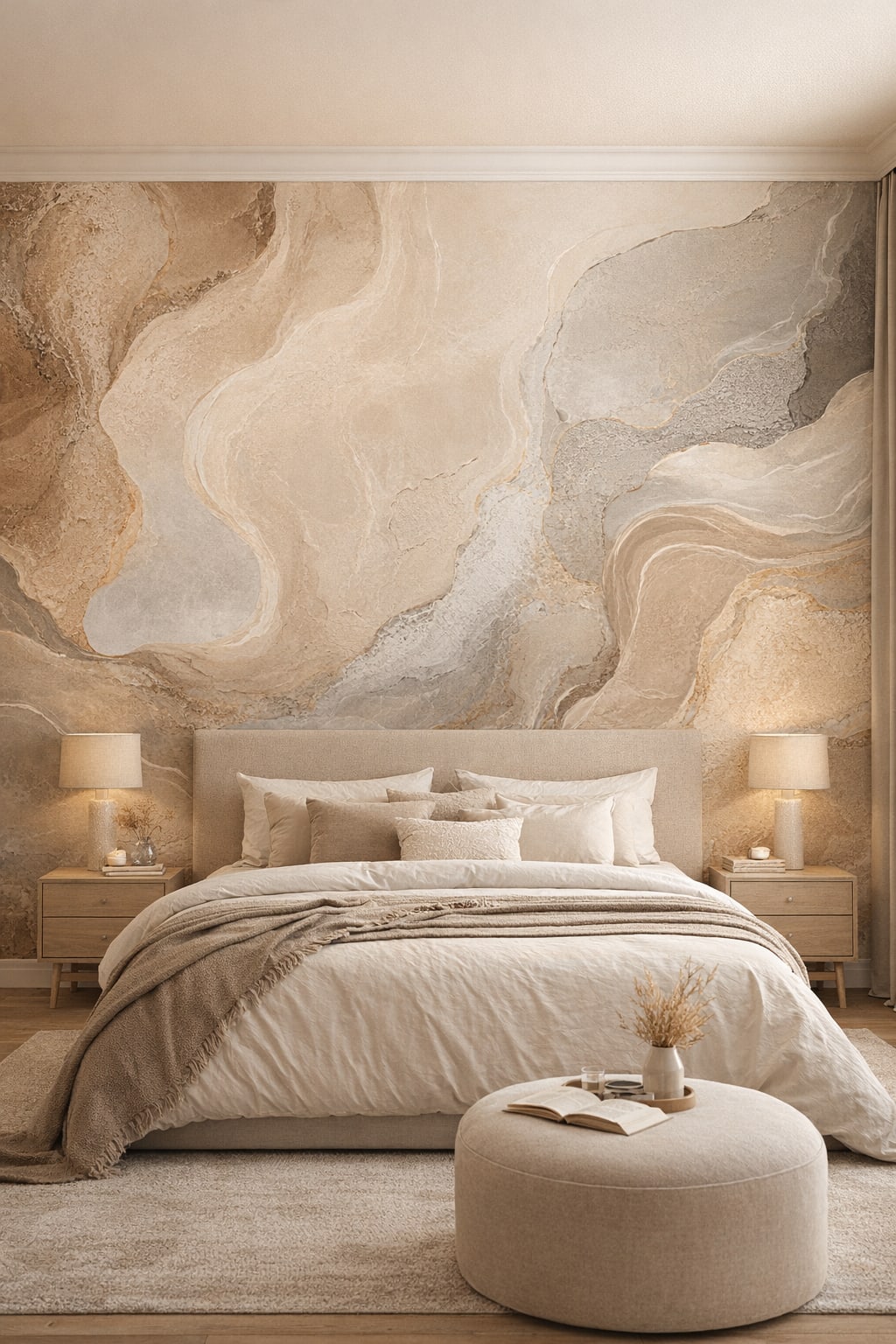 Greige Quiet Luxury abstract stone flow - Wall Mural Peel and Stick Wallpaper for Quiet Luxury Master Bedroom.