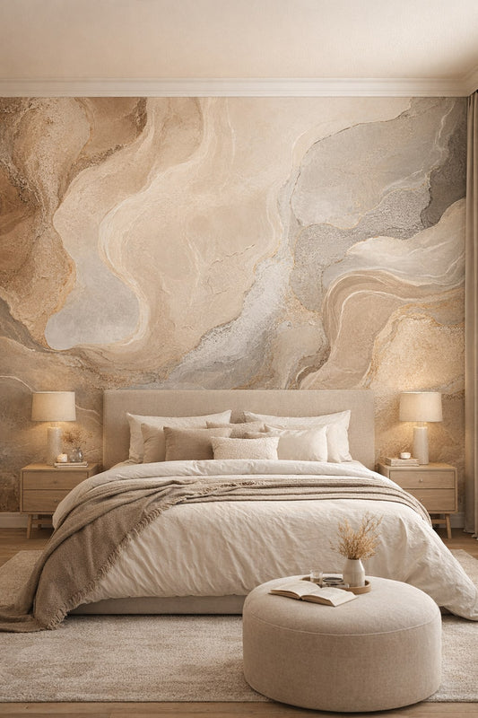 Greige Quiet Luxury abstract stone flow - Wall Mural Peel and Stick Wallpaper for Quiet Luxury Master Bedroom.