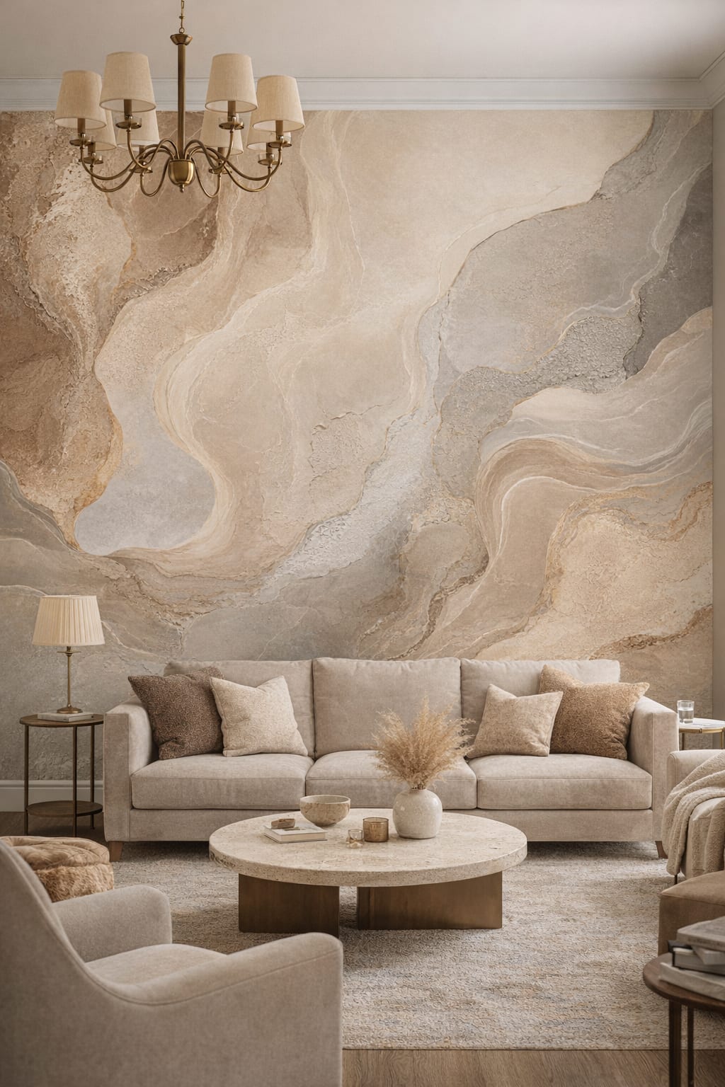 Cream warm gray abstract stone flow - Wall Mural Peel and Stick Wallpaper for Modern Classic Living Room.