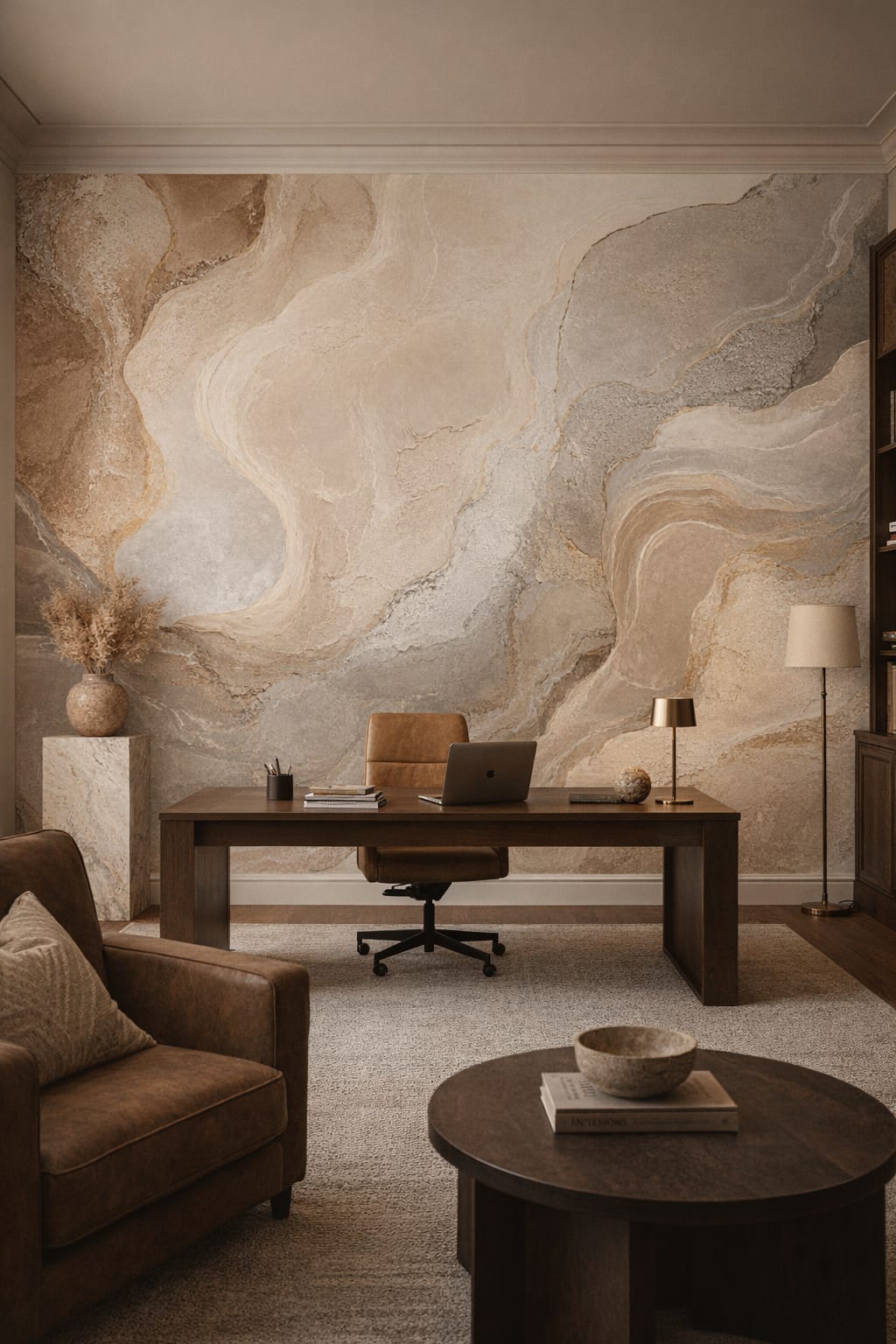 Warm neutral abstract stone flow - Wall Mural Peel and Stick Wallpaper for Contemporary Executive Home Office.