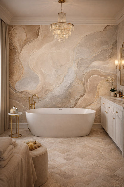 Gold Art Deco abstract stone flow - Wall Mural Peel and Stick Wallpaper for Art Deco Luxury Bathroom.