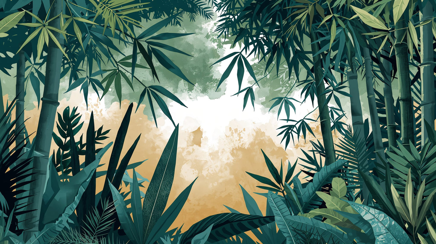 Lush atmospheric Teal Green bamboo featuring tropical foliage - Wall Mural & Peel and Stick Wallpaper for Illustrated Interiors and Premium Home Styling