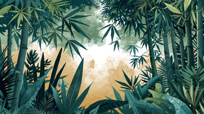 Lush atmospheric Teal Green bamboo featuring tropical foliage - Wall Mural & Peel and Stick Wallpaper for Illustrated Interiors and Premium Home Styling