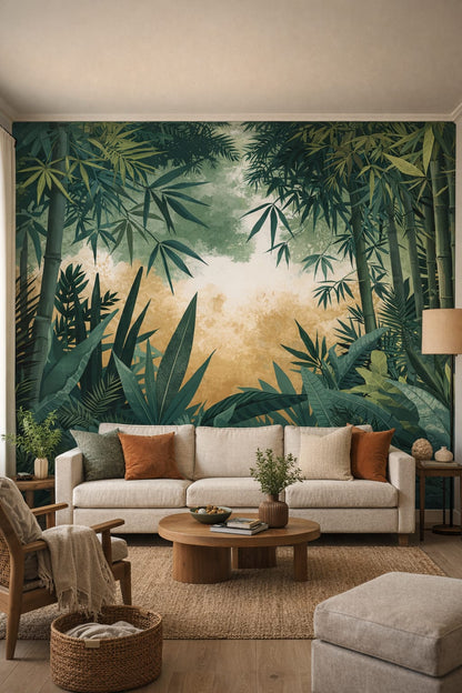 Biophilic verdant bamboo featuring tropical foliage - Wall Mural Peel and Stick Wallpaper for Biophilic Design Living Room.