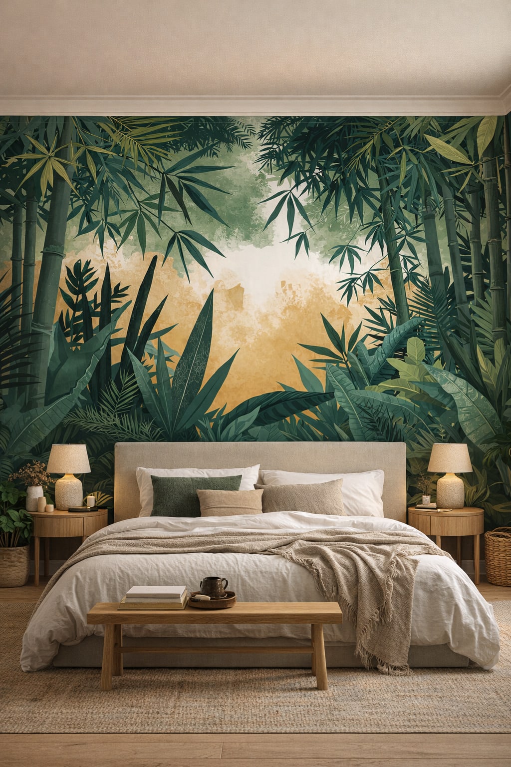 Japandi sand-toned bamboo featuring tropical foliage - Wall Mural Peel and Stick Wallpaper for Japandi Master Bedroom.