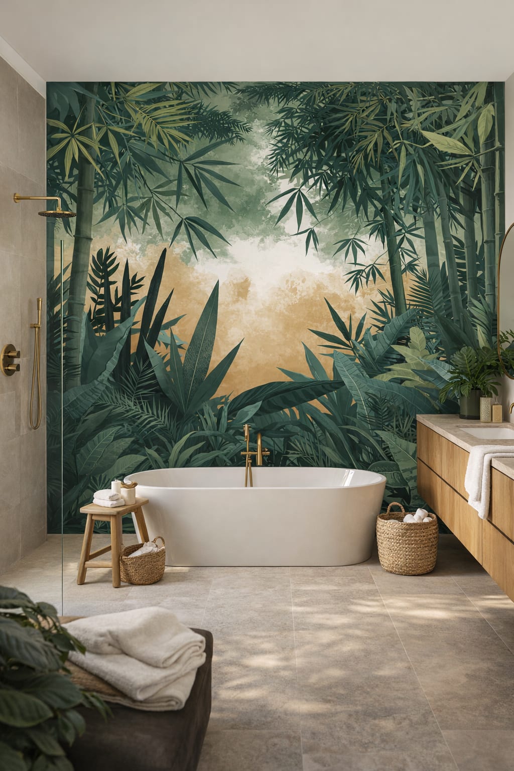 Tropical Modern green-toned bamboo featuring tropical foliage - Wall Mural Peel and Stick Wallpaper for Tropical Modern Luxury Bathroom.