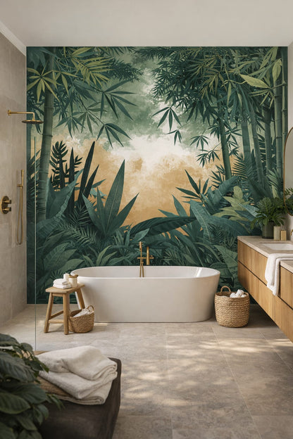 Tropical Modern green-toned bamboo featuring tropical foliage - Wall Mural Peel and Stick Wallpaper for Tropical Modern Luxury Bathroom.