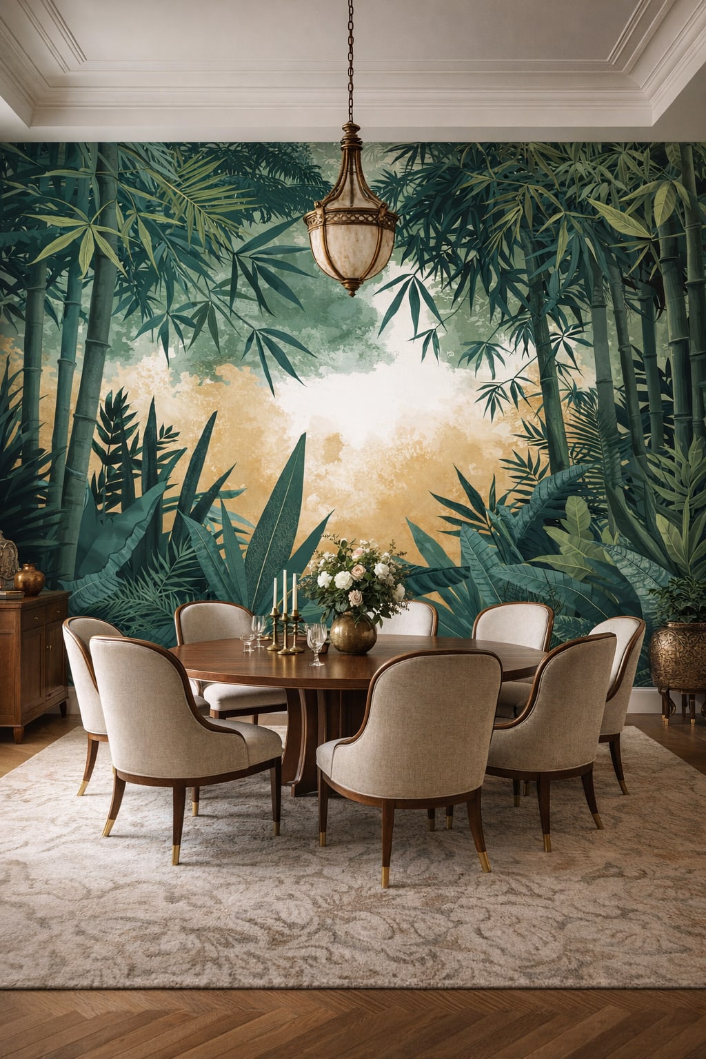 Art Nouveau green bamboo featuring tropical foliage - Wall Mural Peel and Stick Wallpaper for Art Nouveau Formal Dining Room.