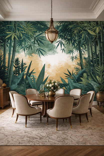 Art Nouveau green bamboo featuring tropical foliage - Wall Mural Peel and Stick Wallpaper for Art Nouveau Formal Dining Room.