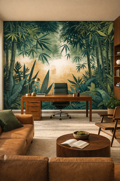 Modernist green-toned bamboo featuring tropical foliage - Wall Mural Peel and Stick Wallpaper for Brazilian Modernism Executive Home Office.
