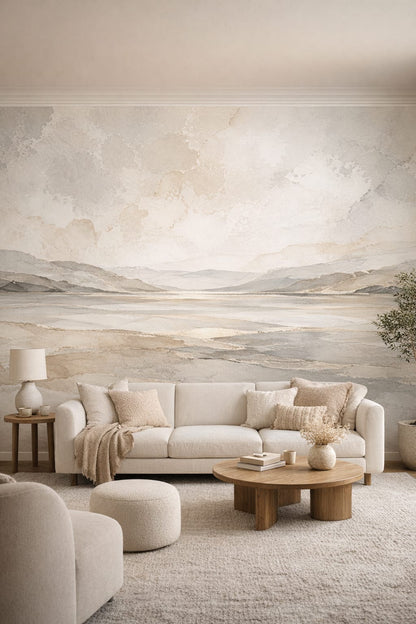 Organic Modern cream abstract landscape - Wall Mural Peel and Stick Wallpaper for Organic Modern Living Room.