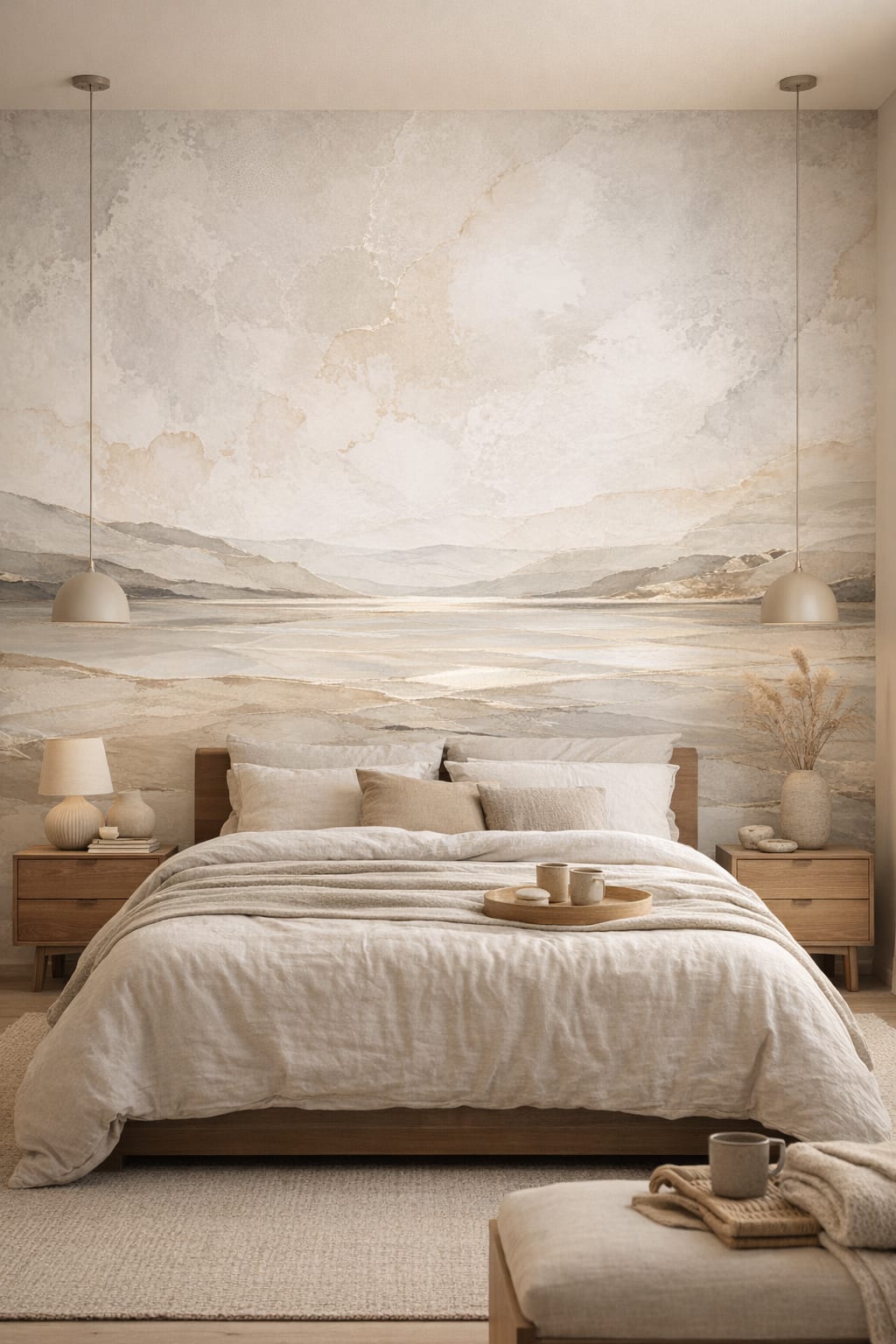 Sand Japandi abstract landscape - Wall Mural Peel and Stick Wallpaper for Japandi Master Bedroom.