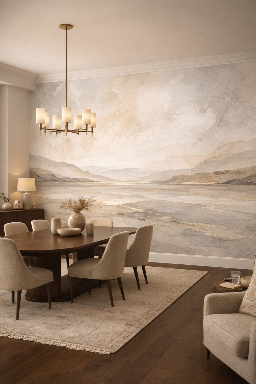 Quiet Luxury greige abstract landscape - Wall Mural Peel and Stick Wallpaper for Quiet Luxury Formal Dining Room.
