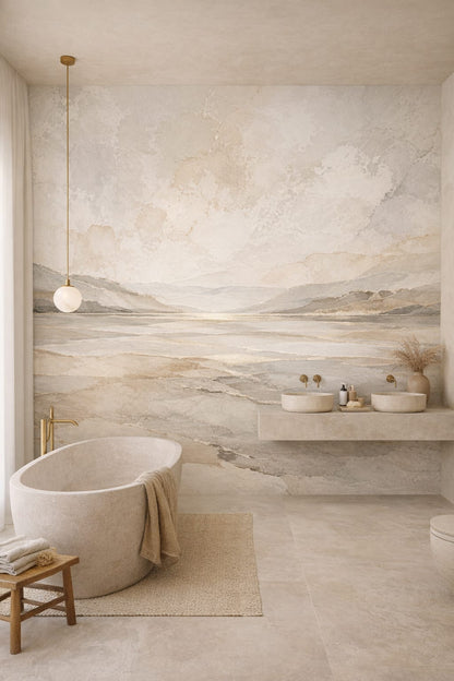 Mediterranean Modern sand-white abstract landscape - Wall Mural Peel and Stick Wallpaper for Mediterranean Modern Luxury Bathroom.