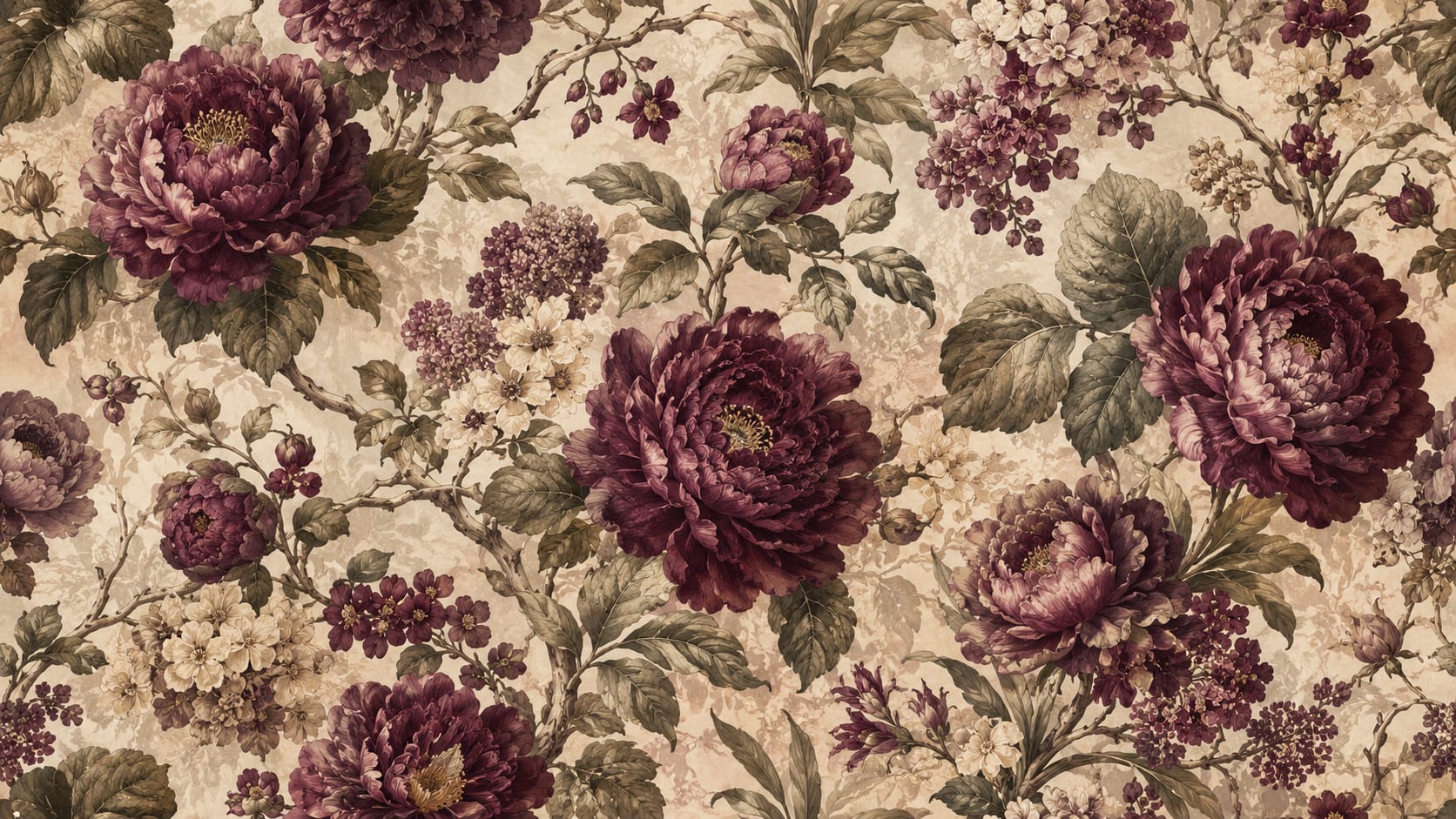 Heirloom painterly Beige floral blossoms featuring leafy branches - Wall Mural & Peel and Stick Wallpaper for Vintage Interiors and Premium Home Styling