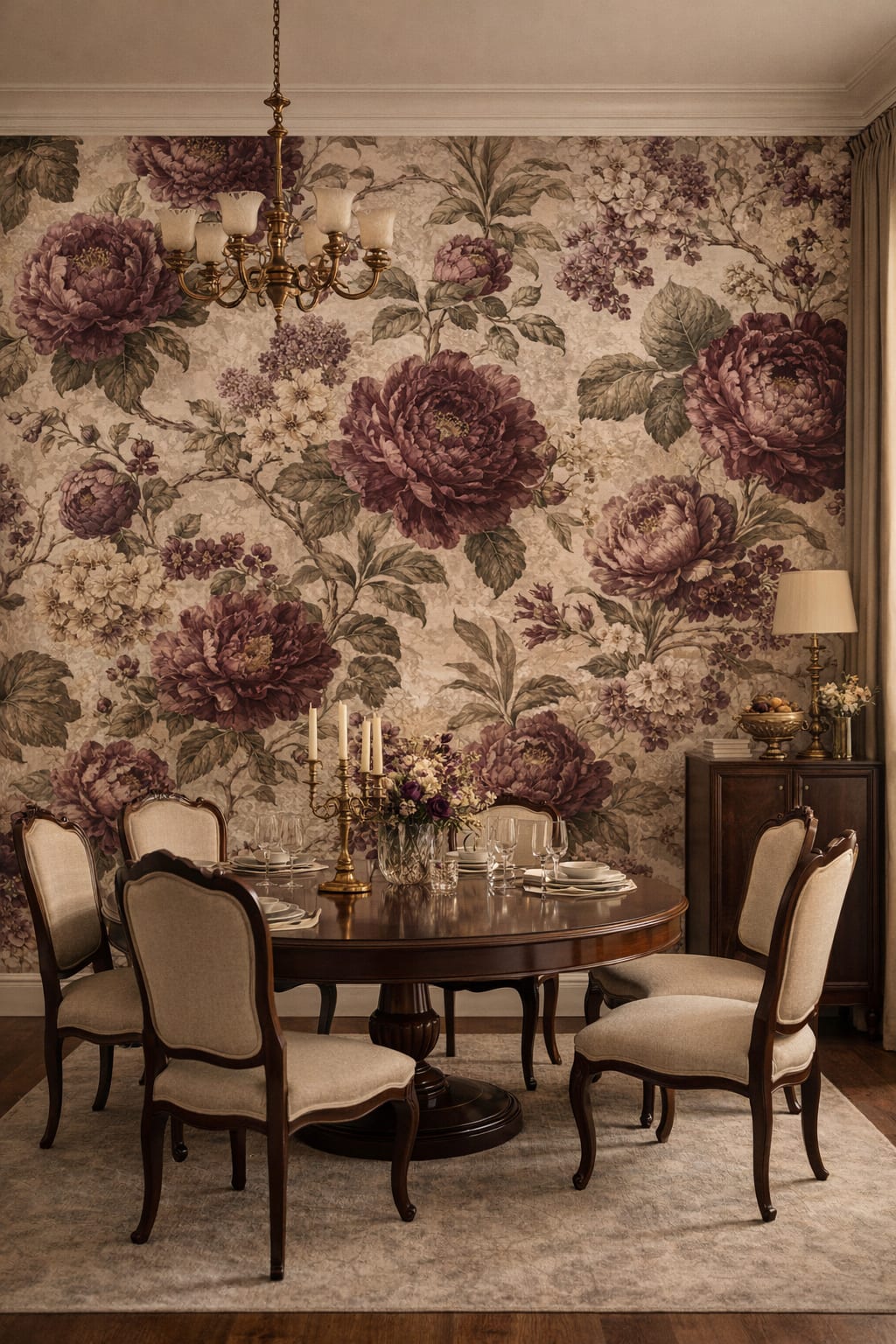 Art Nouveau cream-toned floral blossoms featuring leafy branches - Wall Mural Peel and Stick Wallpaper for Art Nouveau Formal Dining Room.