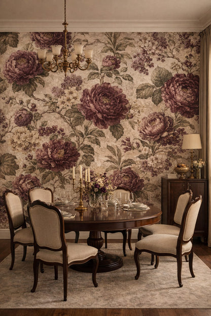 Art Nouveau cream-toned floral blossoms featuring leafy branches - Wall Mural Peel and Stick Wallpaper for Art Nouveau Formal Dining Room.