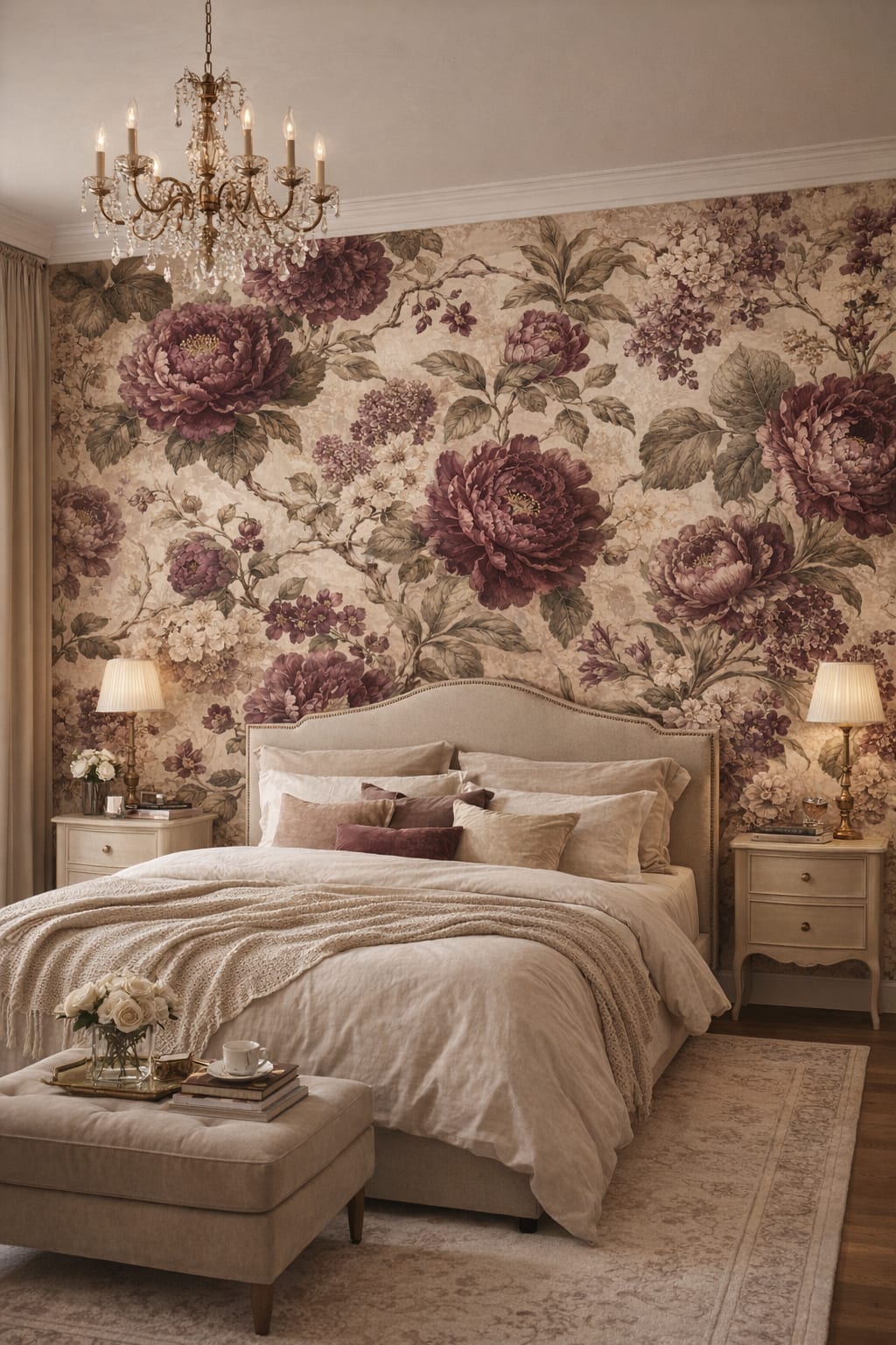 Parisian white-gold floral blossoms featuring leafy branches - Wall Mural Peel and Stick Wallpaper for Parisian Master Bedroom