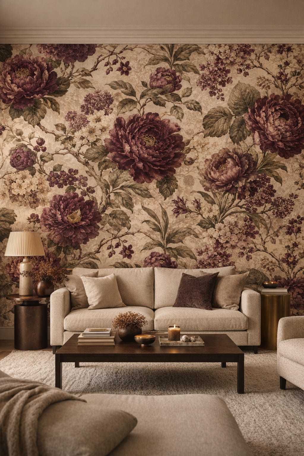 Refined greige floral blossoms featuring leafy branches - Wall Mural Peel and Stick Wallpaper for Quiet Luxury Living Room.