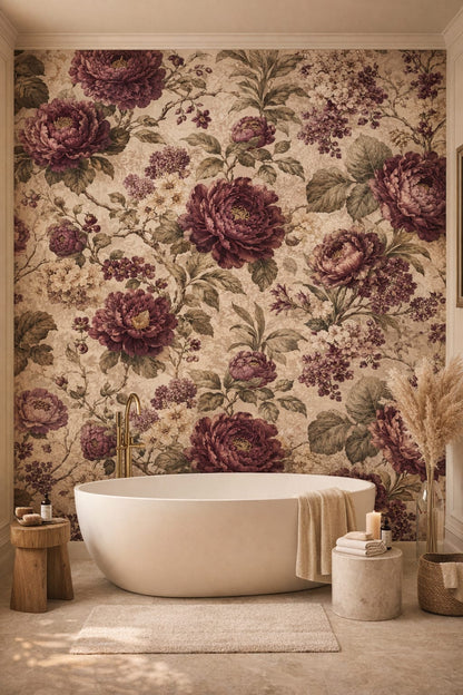 Organic Modern cream floral blossoms featuring leafy branches - Wall Mural Peel and Stick Wallpaper for Organic Modern Luxury Bathroom.