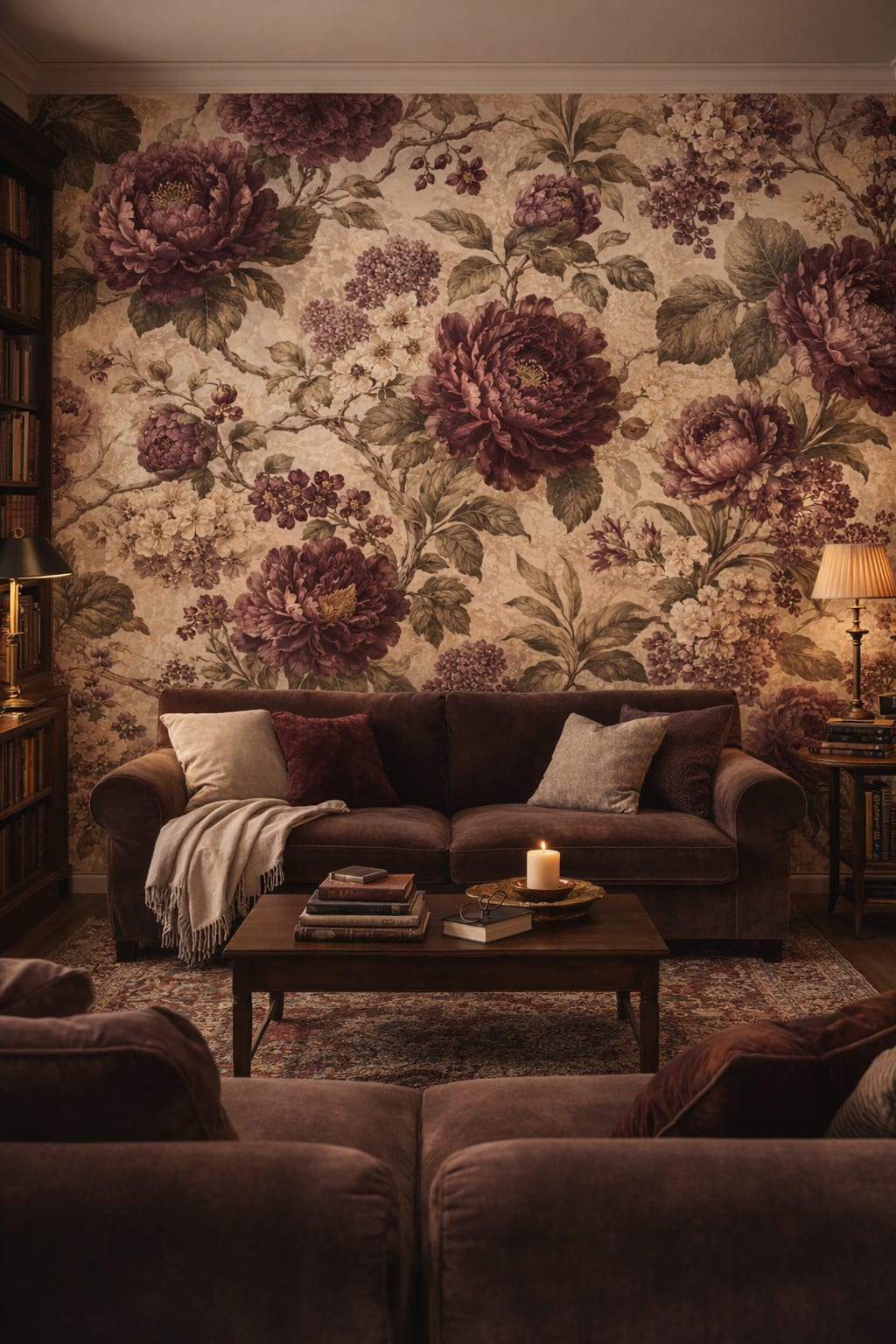 Moody brown floral blossoms featuring leafy branches - Wall Mural Peel and Stick Wallpaper for Dark Academia Reading Room.