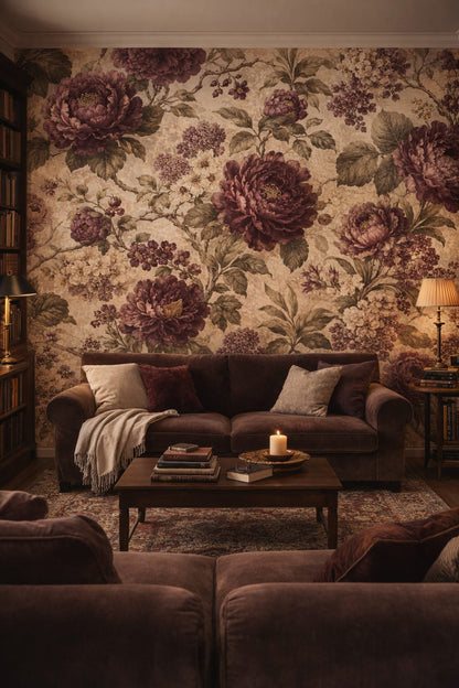 Moody brown floral blossoms featuring leafy branches - Wall Mural Peel and Stick Wallpaper for Dark Academia Reading Room.