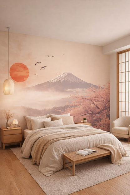 Japandi sand-toned mountain landscape featuring red sun - Wall Mural Peel and Stick Wallpaper for Japandi Master Bedroom.