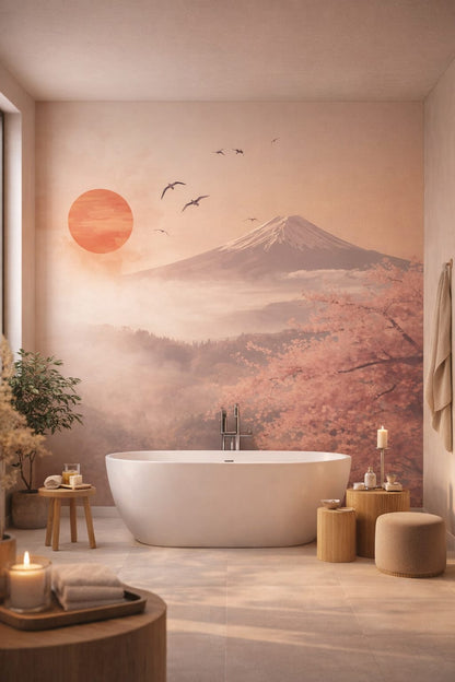 Zen neutral mountain landscape featuring red sun - Wall Mural Peel and Stick Wallpaper for Zen Luxury Bathroom.