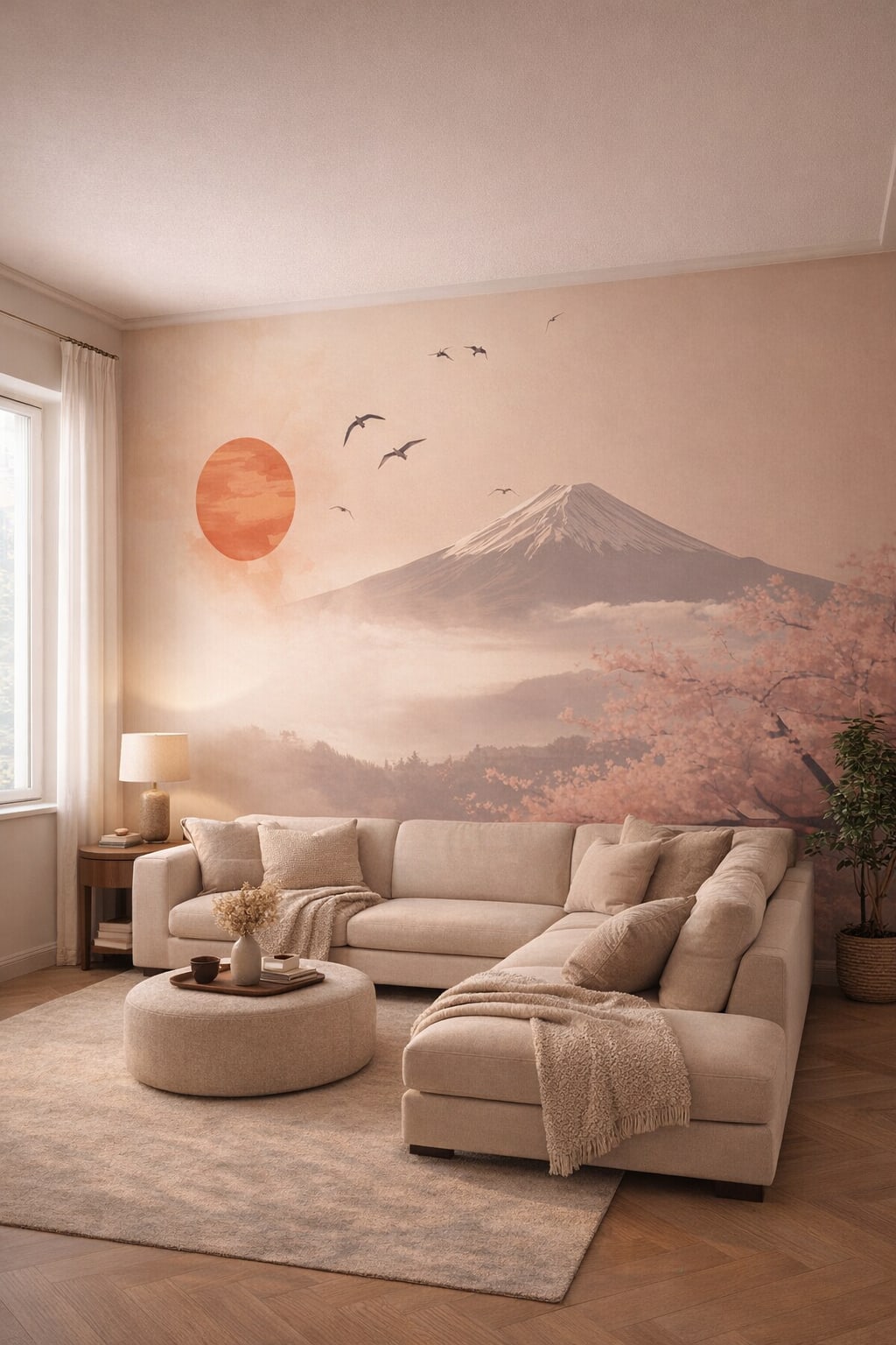 Cream sand Organic Modern mountain landscape featuring red sun - Wall Mural Peel and Stick Wallpaper for Organic Modern Living Room.