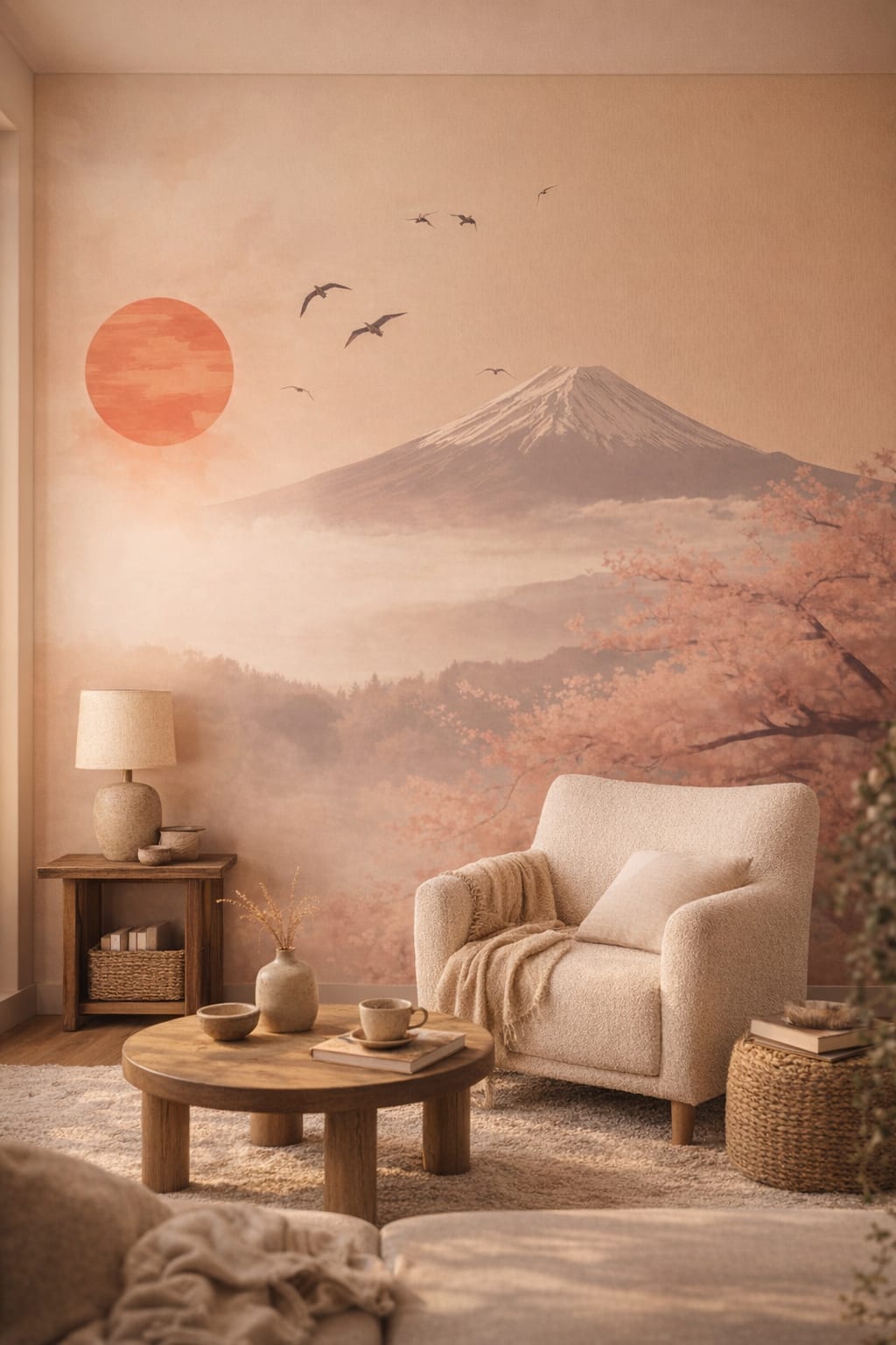 Wabi-sabi muted earth tones mountain landscape featuring red sun - Wall Mural Peel and Stick Wallpaper for Wabi-sabi Reading Nook.