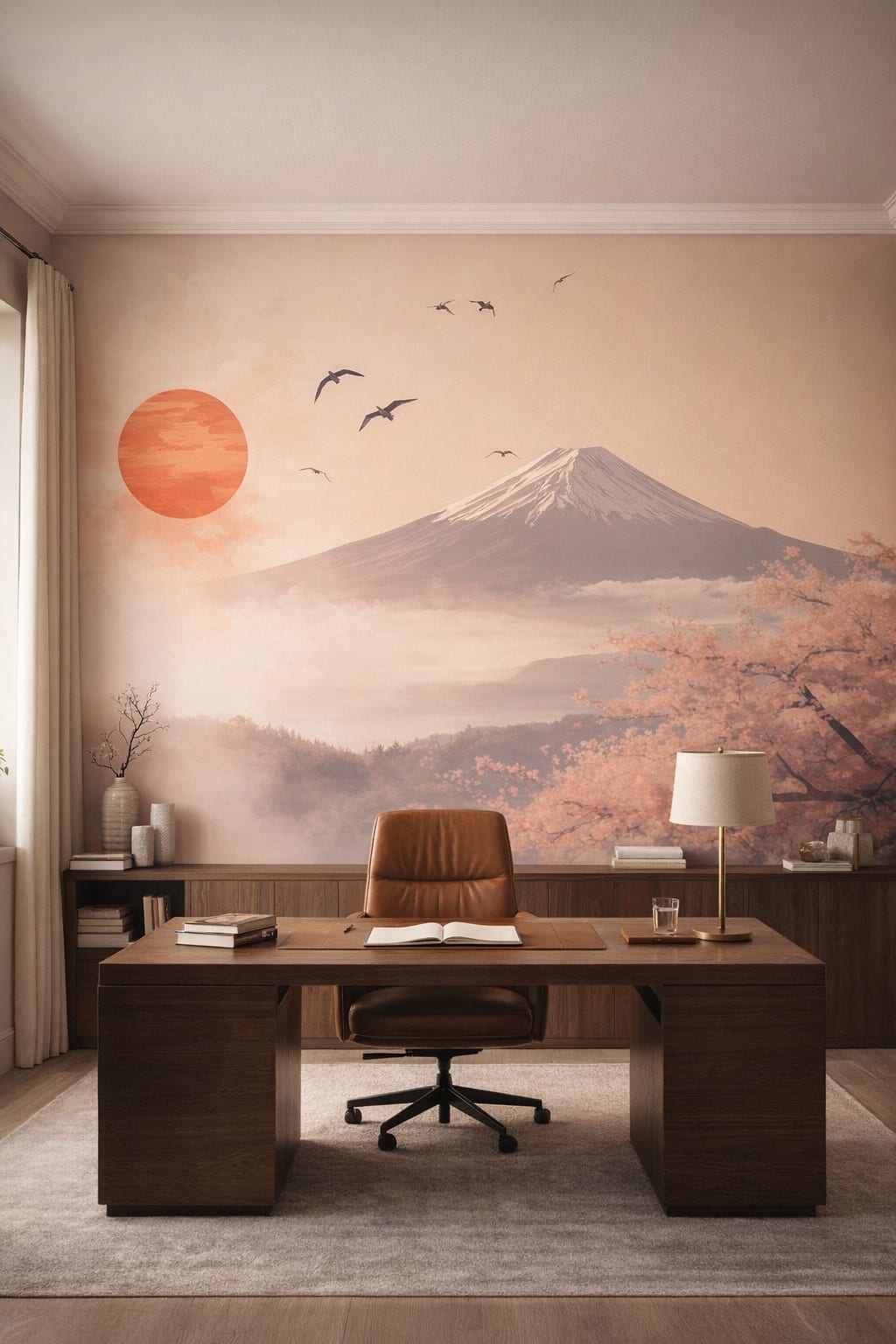 Contemporary neutral-toned mountain landscape featuring a red sun - Wall Mural Peel and Stick Wallpaper for Contemporary Executive Home Office.