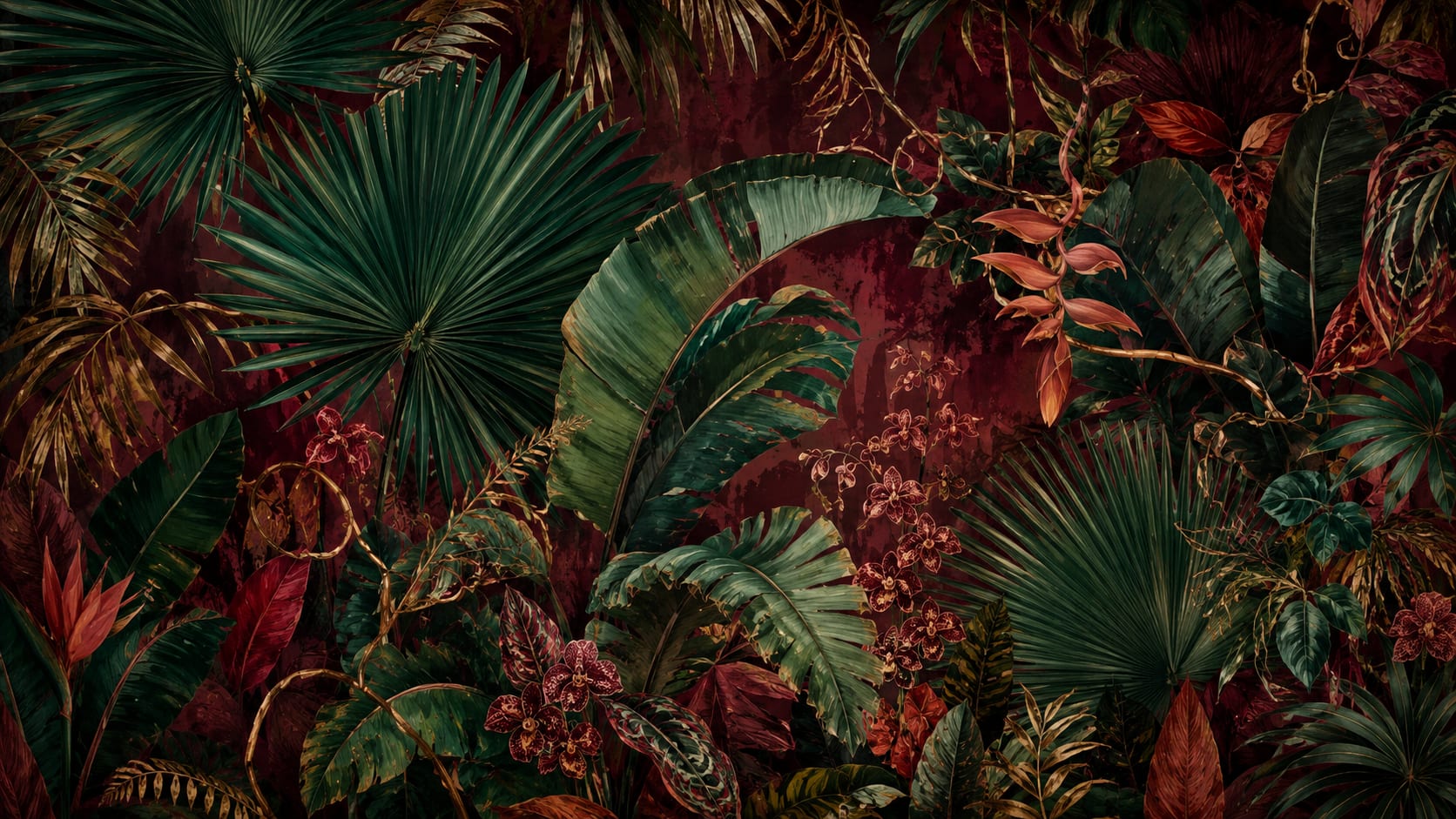 Lush refined Deep Green tropical foliage featuring orchid blossoms - Wall Mural & Peel and Stick Wallpaper for Illustrated Interiors and Premium Home Styling.