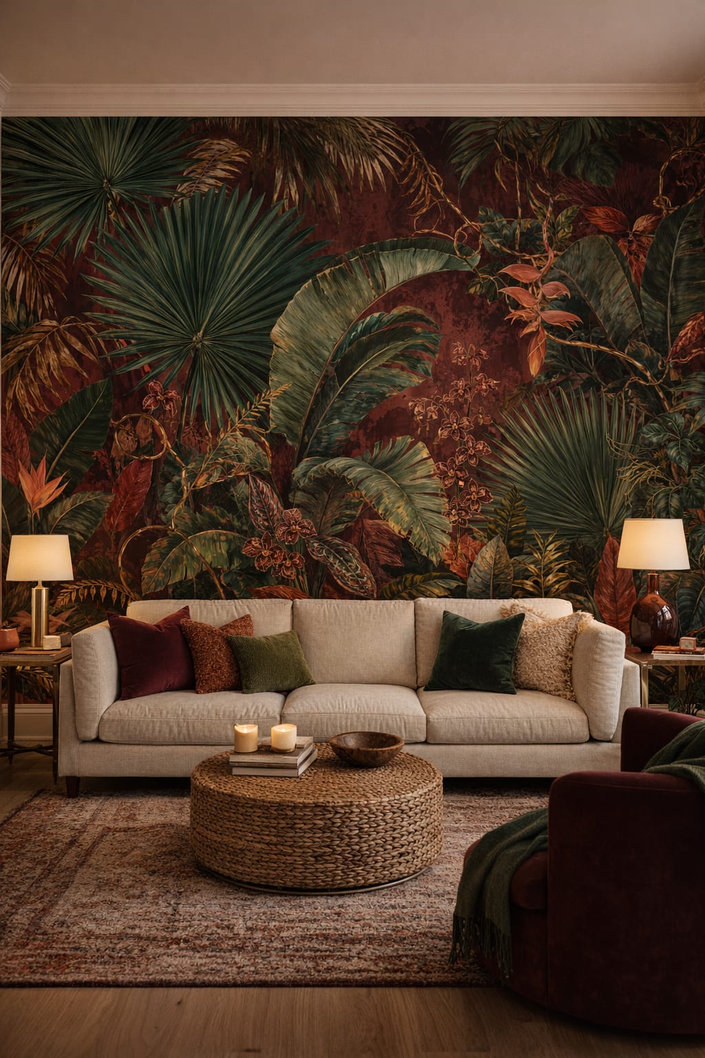 Tropical green tropical foliage featuring orchid blossoms - Wall Mural Peel and Stick Wallpaper for Tropical Living Room.