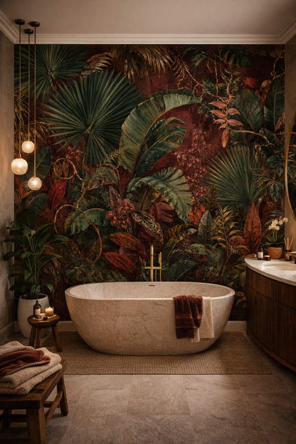 Biophilic green tropical foliage featuring orchid blossoms - Wall Mural Peel and Stick Wallpaper for Biophilic Design Luxury Bathroom.