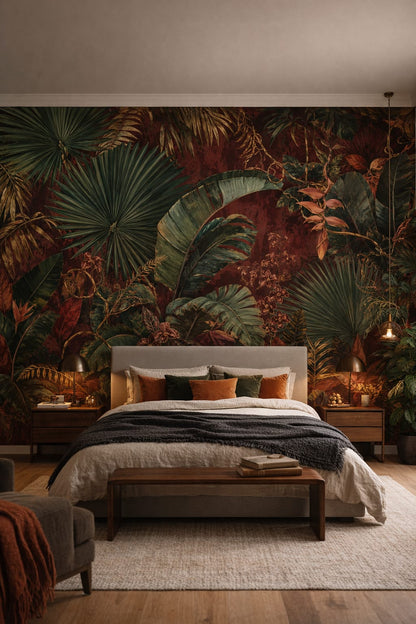 Organic Modern olive tropical foliage featuring orchid blossoms - Wall Mural Peel and Stick Wallpaper for Organic Modern Master Bedroom.