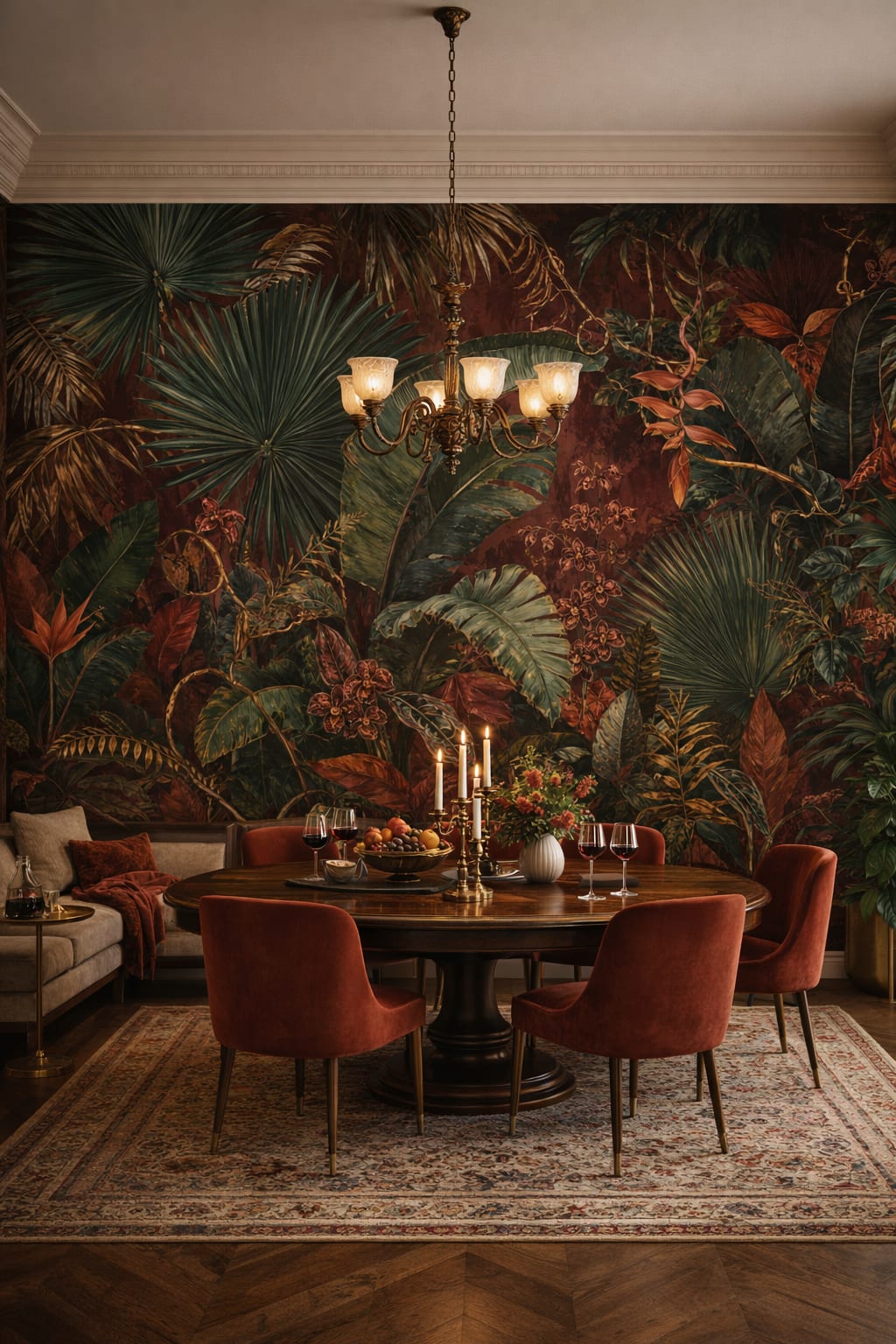 Deep green Art Nouveau tropical foliage featuring orchid blossoms - Wall Mural Peel and Stick Wallpaper for Art Nouveau Formal Dining Room.