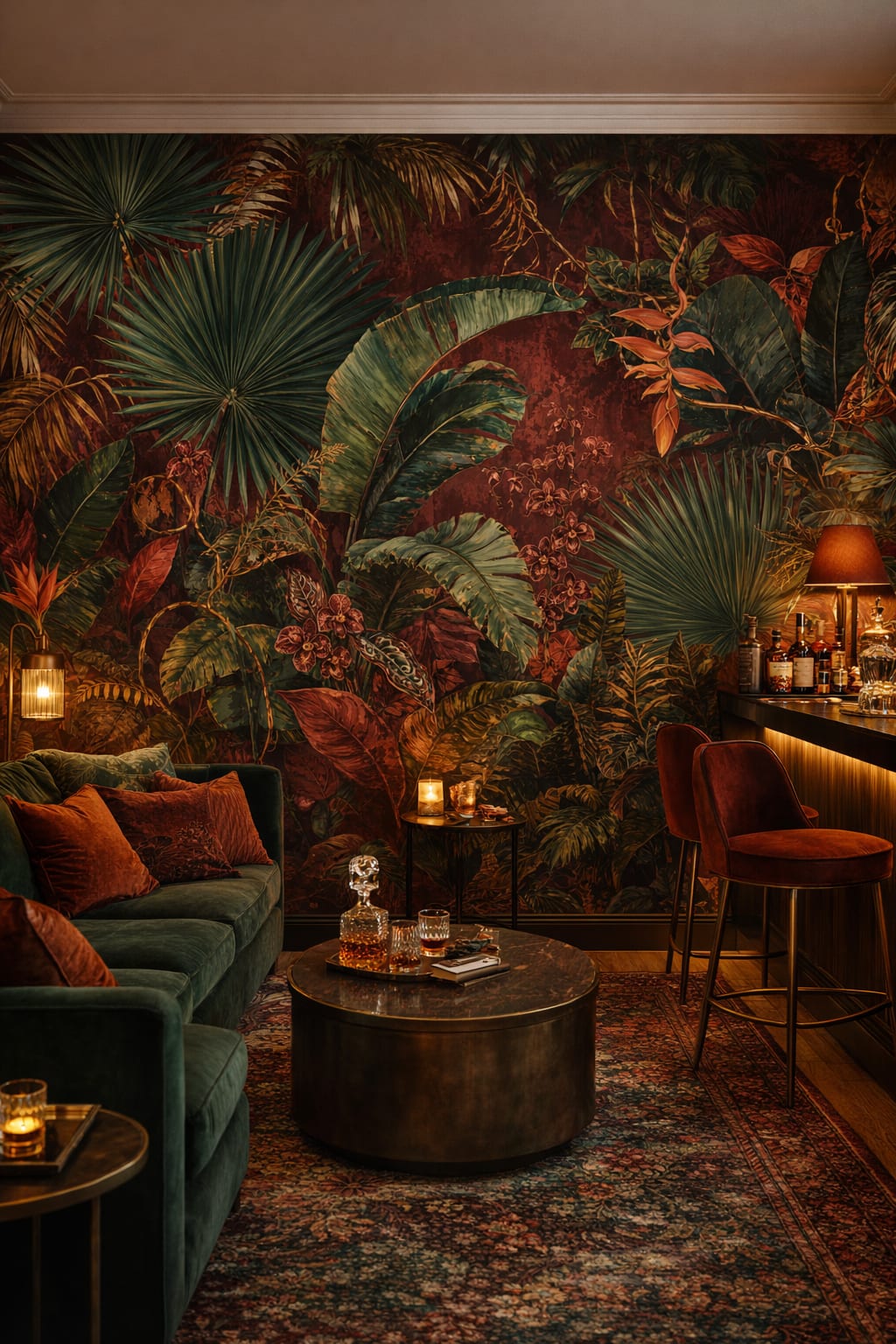 Jewel-toned Maximalist tropical foliage featuring orchid blossoms - Wall Mural Peel and Stick Wallpaper for Maximalist Bar/Lounge.